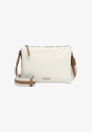 Kleine cremefarbene Umhängetasche mit silbernem Reißverschluss, braunem Lederreißverschlussanhänger und verstellbarem Stoffriemen mit braunen Lederakzenten.