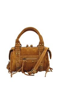 Sac à main en daim tan avec double poignées, bandoulière amovible, poche zippée à l'avant, quincaillerie en laiton et détails en franges sur les côtés.