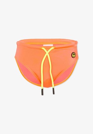 Slip de bain orange vif avec cordons de serrage jaunes et un petit logo circulaire noir et jaune sur le côté droit.