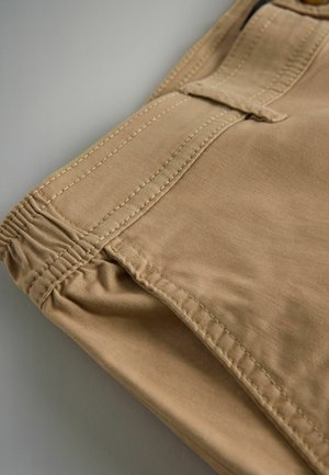 Smėliniai audinio šortai su elastinga juostele, išsamiomis siūlėmis ir plokščiu priekiu kišenėje. Audinys atrodo minkštas ir lygus.