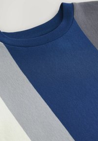 Blauwe, grijze en lichtgrijze katoenen crewneck t-shirt met een diagonaal streepdessin en een zachte textuur. Ribgebreide kraagdetails zichtbaar.