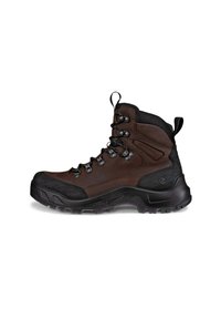 Bota de senderismo marrón con un upper de cuero texturizado, capuchón de goma negro en la puntera, ojetes reforzados y una suela resistente para tracción.