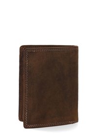 Braune Wildleder-Geldbörse mit sichtbaren Nähten und rechteckiger Form. Sie hat eine weiche Textur und ein einfaches, unaufgeregtes Design.