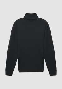 Maglione a collo alto nero con texture a costine, vestibilità comoda e maniche lunghe. Design semplice, con collo alto e orlo dritto.