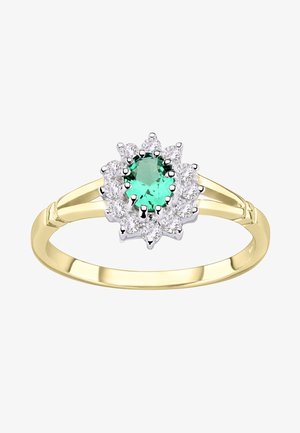 Kuld sõrmus, mille keskel roheline kalliskivi, mida ümbritseb valgete kalliskivide halo, kinnitatud hõbedast küünistega. Sile vöö koos poleeritud viimistlusega.