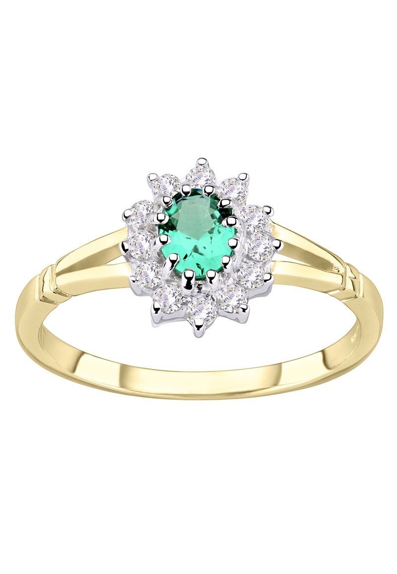 Kuld sõrmus, mille keskel roheline kalliskivi, mida ümbritseb valgete kalliskivide halo, kinnitatud hõbedast küünistega. Sile vöö koos poleeritud viimistlusega.