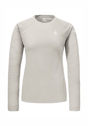 Hellgraues Langarmshirt mit strukturiertem Waffelstrickmuster. Verfügt über einen Rundhalsausschnitt und ein dezentes Logo auf der Brust und dem Ärmel.