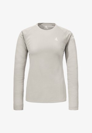 Hellgraues Langarmshirt mit strukturiertem Waffelstrickmuster. Verfügt über einen Rundhalsausschnitt und ein dezentes Logo auf der Brust und dem Ärmel.