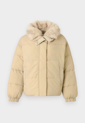 Beige Steppjacke mit Kunstpelzkragen, quadratischer Steppung und elastischen Bündchen. Mit einem Frontreißverschluss und zwei Seitentaschen.