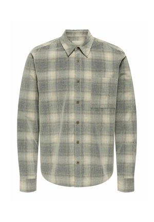 Rutet skjorte i grønne og creme farver, med krave, lange ærmer, en brystlomme og et tekstureret stof.