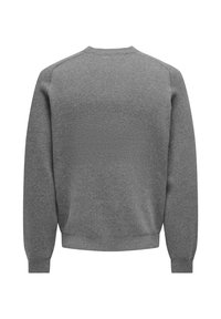 Sweatshirt gris à col rond fabriqué en tissu texturé. Il présente des poignets et un ourlet côtelés, avec un design simple et sans embellissement, vu de dos.