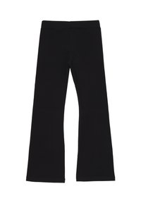 Pantaloni neri a campana con una texture liscia, dotati di una vita elasticizzata e senza cuciture visibili, progettati per comfort e flessibilità.