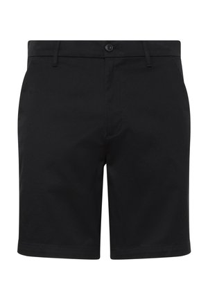 Shorts noirs mi-longs avec fermeture par boutons, passants pour ceinture et poches latérales, présentés sur un fond blanc.