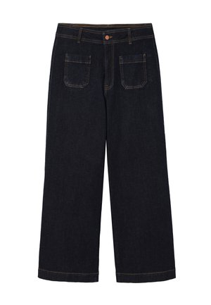 Tmavomodré rifle s rozšírenými nohavicami, päťvreckovým dizajnom, kontrastným oranžovým prešitím a zapínaním na gombík. Hladká textúra s čistým prevedením.