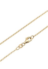 Collana a catena in tono oro con chiusura a moschettone, caratterizzata da anelli tondi e una texture liscia. Lunghezza e spessore non specificati.