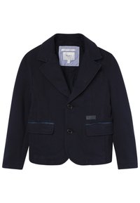 Blazer en coton bleu marine avec revers à cran, deux poches avant et fermeture à un bouton. Présente une doublure intérieure texturée.