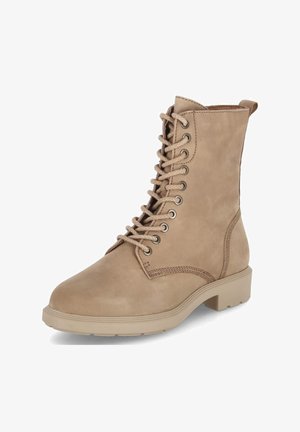 Tan lace-up ankle boot made of smooth leather. Rounded toe, textured side accents, and a sturdy beige rubber sole. Features eyelets and laces.