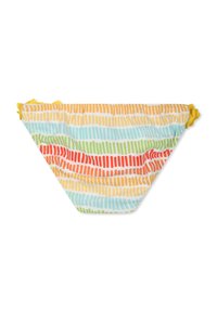 Costumi da bagno multicolori con un motivo di righe orizzontali in giallo, arancione, verde, blu e rosso. Bordini arricciati gialli ai lati.