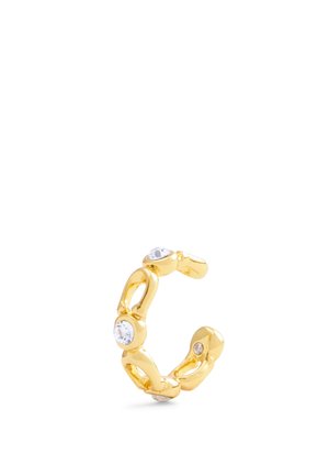 Gold-tone hoop earring featuring linked shapes with clear gemstones set at intervals. Smooth, shiny surface with a modern design.