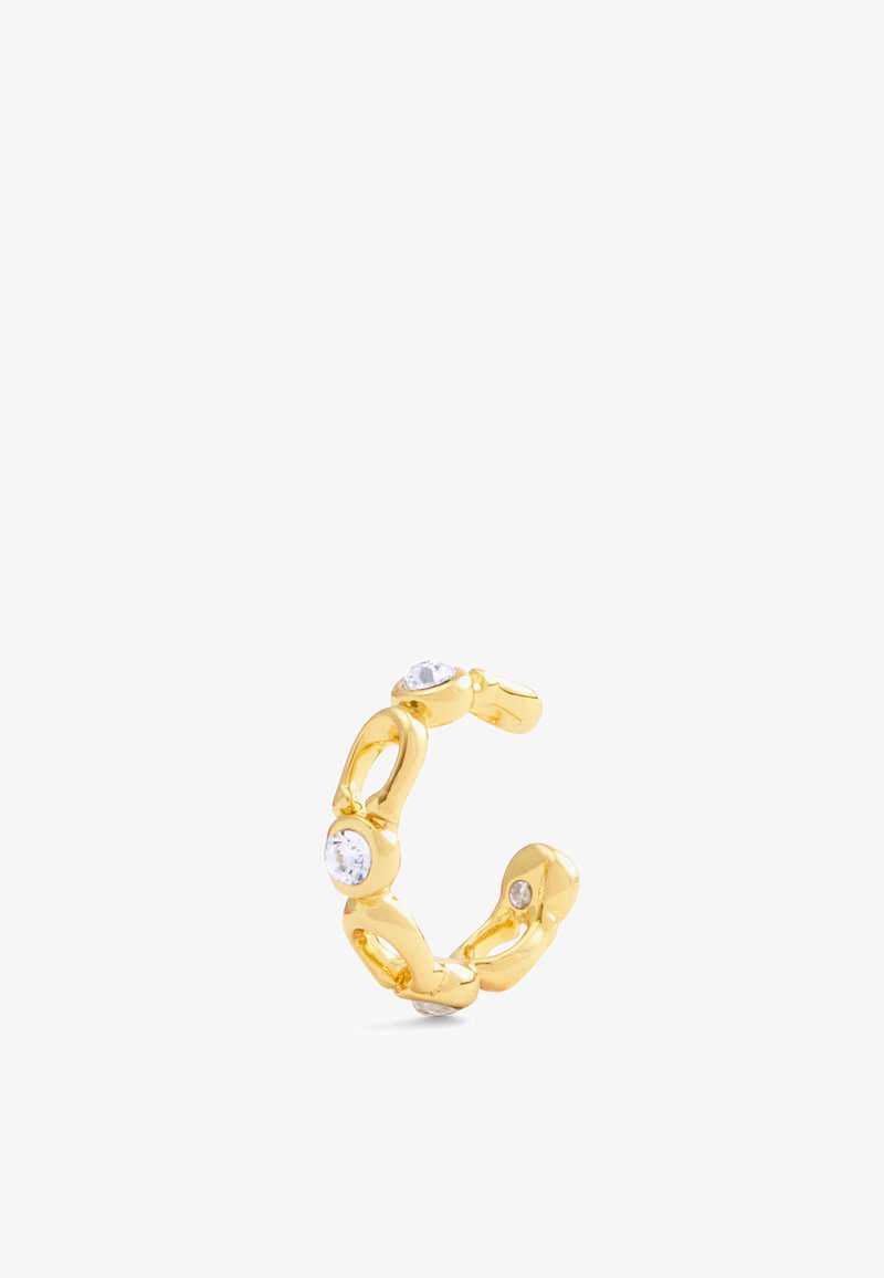 Gold-tone hoop earring featuring linked shapes with clear gemstones set at intervals. Smooth, shiny surface with a modern design.