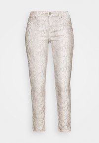 Trousers in a light beige snake print, featuring a slim fit, five-pocket style, and front button closure. Smooth texture and intricate pattern.