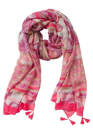 Let tørklæde med pink, koral og beige paisley- og blomstermønstre, afsluttet med frynser i enderne.