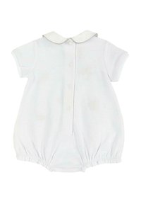 Romper bianco a maniche corte con un motivo testurizzato, colletto Peter Pan, chiusura con bottoni posteriori e aperture elastiche alle gambe. Presenza di macchie.