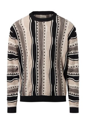 Pull en tricot noir, beige et gris, présentant des rayures verticales texturées, des motifs en torsades et un col rond côtelé ainsi que des poignets côtelés.