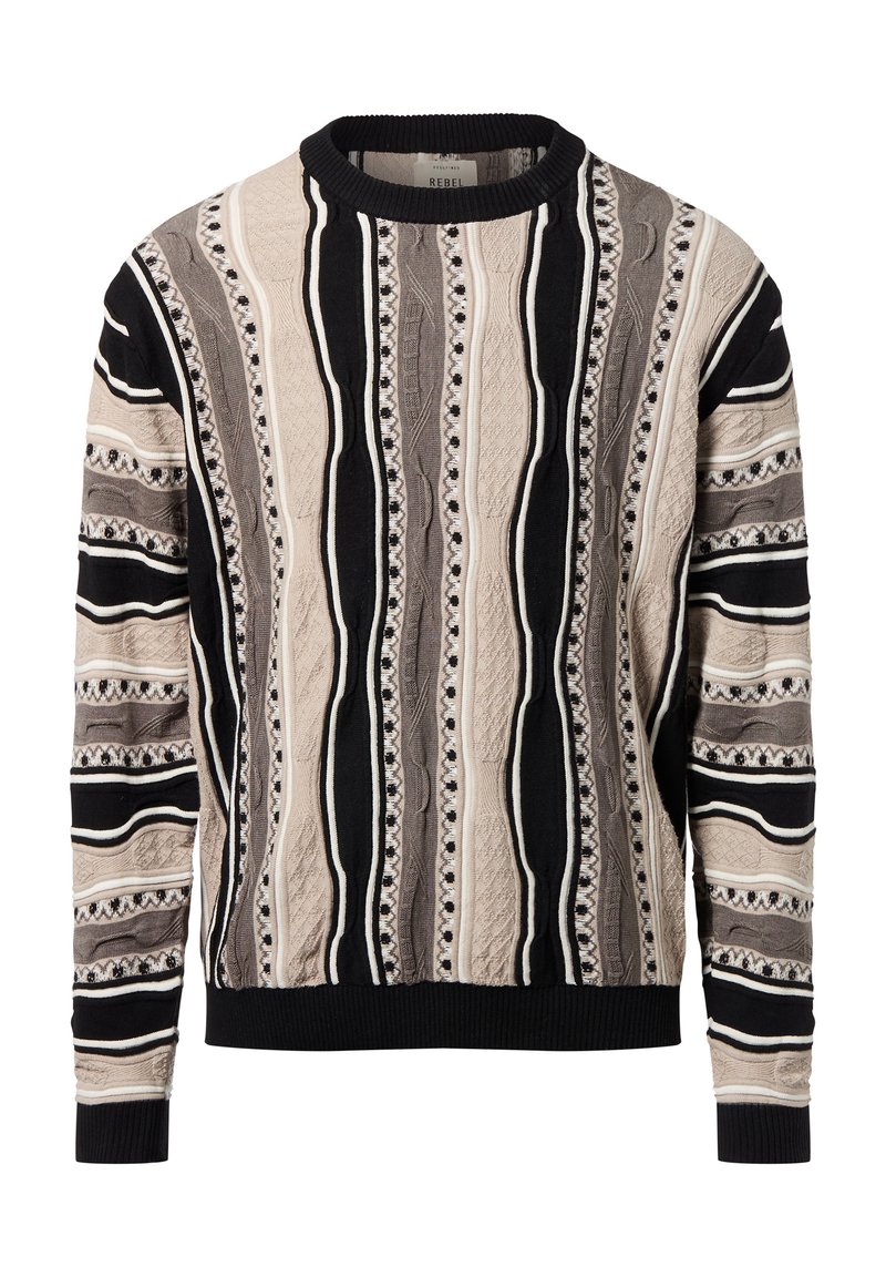 Pull en tricot noir, beige et gris, présentant des rayures verticales texturées, des motifs en torsades et un col rond côtelé ainsi que des poignets côtelés.