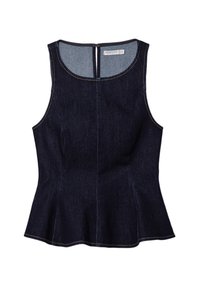 Tmavě modrý bezrukávový top s peplum designem, s kulatým výstřihem a jemnými stehovými akcenty. Zapínání na zip na zadní straně.