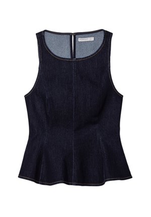 Top senza maniche in denim scuro con design peplum, caratterizzato da un collo rotondo e dettagli di cucitura sottili. Chiusura con zip sul retro.