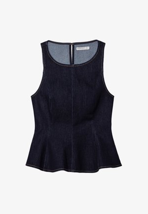 Top senza maniche in denim scuro con design peplum, caratterizzato da un collo rotondo e dettagli di cucitura sottili. Chiusura con zip sul retro.