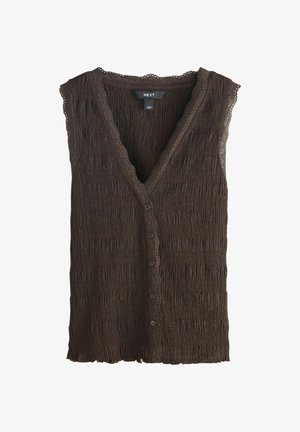 Barna, ujjatlan, texturált blúz csipkével díszített szegéllyel és gombos elülső résszel, NEXT márkajelzésű, Törökországban készült.