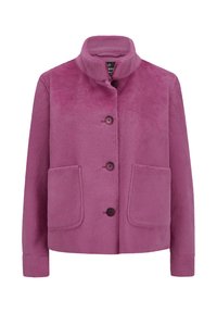 Pink plush jacket with stand collar, four front buttons, and two large front pockets.