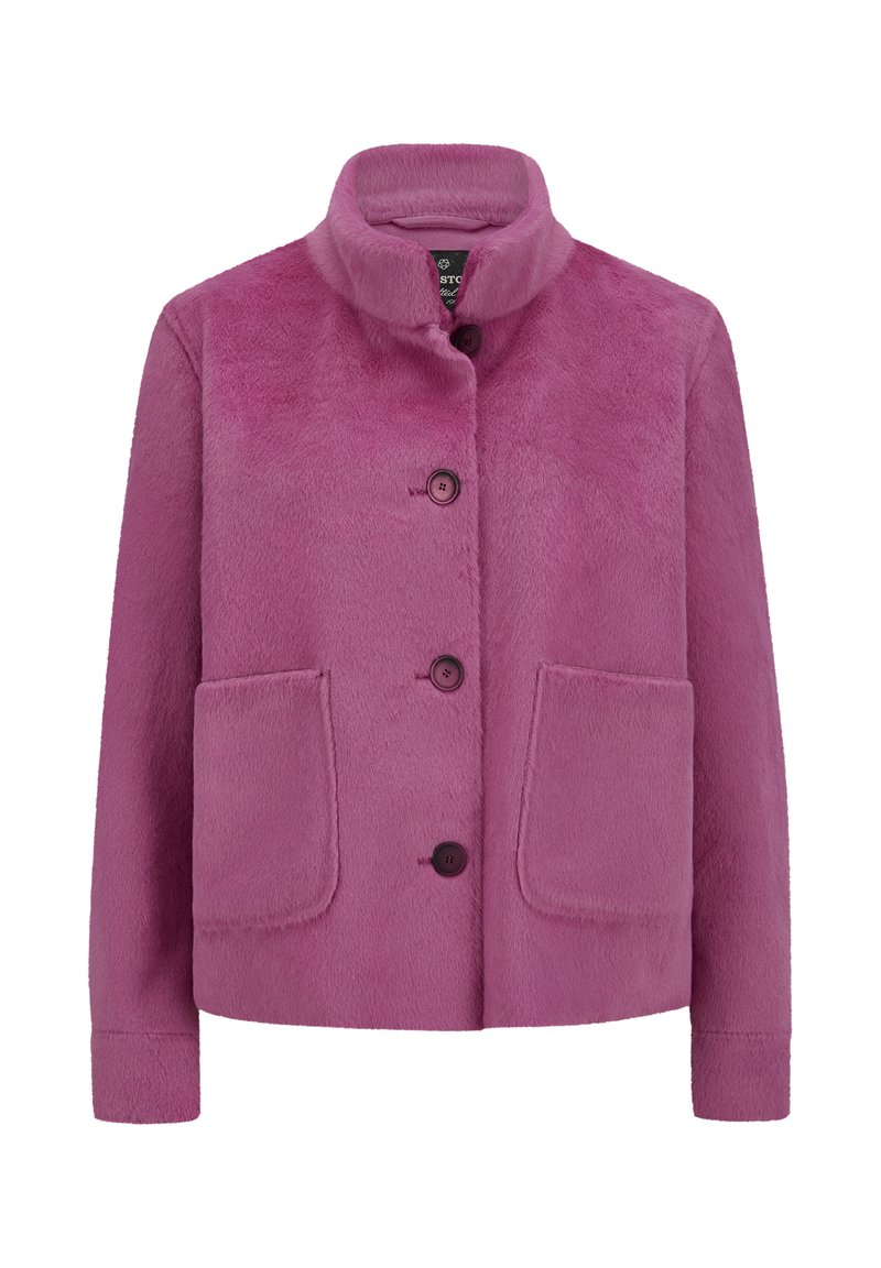Pink plush jacket with stand collar, four front buttons, and two large front pockets.