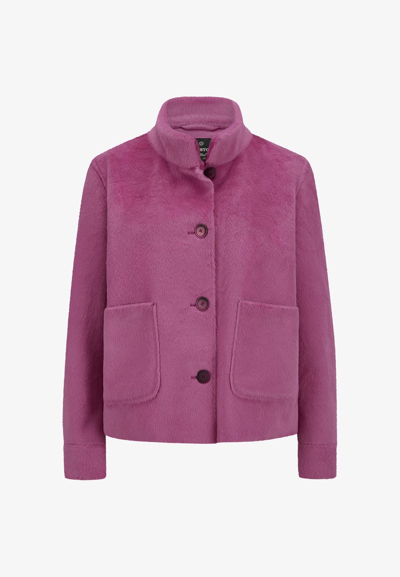 Pink plush jacket with stand collar, four front buttons, and two large front pockets.