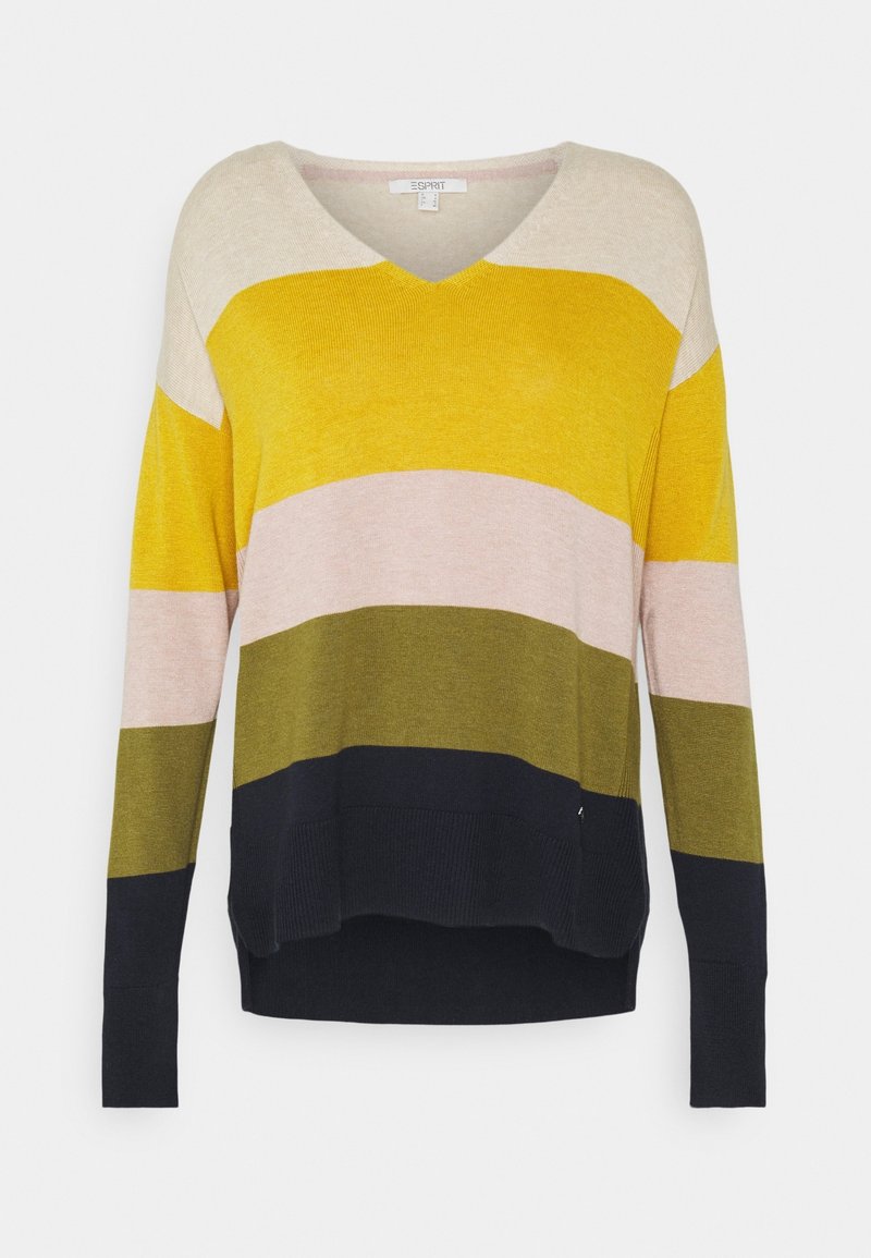 Pull col en V à manches longues avec des blocs de couleurs horizontaux en beige, jaune, rose clair, vert olive et noir.