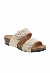 Sandalo scivoloso beige con due ampie cinghie accentuate da un motivo floreale, parte superiore textured e suola a zeppa bassa per un comfort ottimale.