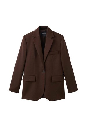 Blazer marrone in tessuto testurizzato con rever a punta, chiusura a un bottone e due tasche anteriori.