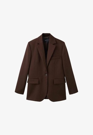 Brauner Blazer aus strukturiertem Stoff mit Reverskragen, einem Ein-Knopf-Verschluss und zwei vorderen Taschen.