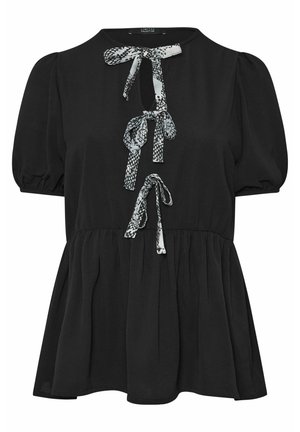 Zwarte blouse met pofmouwen en strikdetails bij de hals. Heeft een vloeiende uitstraling en is gemaakt van lichte stof.