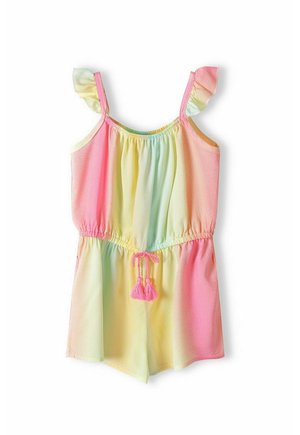 Combinaison multicolore avec un dégradé rose, jaune et vert. Comprend des bretelles froncées et une taille à cordon avec des gland rose. Tissu doux.