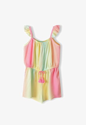 Daugiaspalvis šortukas, kuriame vyrauja rožinė, geltona ir žalia spalvų gradientas. Apima raukšlėtus petnešas ir raištelį juosmeniui su rožiniais kutais. Minkšta medžiaga.