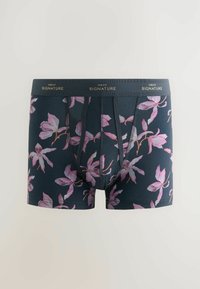Crne bokserice s uzorkom ružičaste magnolije, s brendiranim elastičnim pojasom i dizajnom koji se čvrsto prilagođava tijelu.