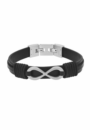 Bracciale in pelle nera con ciondolo centrale a forma di simbolo dell'infinito in argento e chiusura in acciaio inossidabile, con dettagli in pelle intrecciata sui lati.