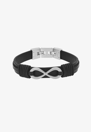 Schwarzes Lederarmband mit silbernem Unendlichkeitssymbol als zentrales Element und Edelstahlverschluss, mit geflochtenen Lederdetails an den Seiten.