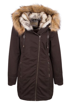 Parka d'hiver marron foncé avec fermeture éclair asymétrique, deux poches avant zippées et une capuche doublée de fourrure avec cordons de serrage.