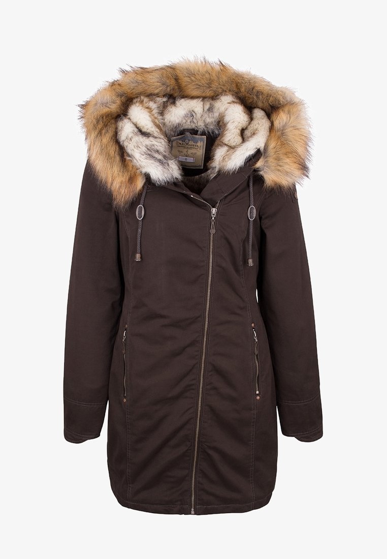 Parka d'hiver marron foncé avec fermeture éclair asymétrique, deux poches avant zippées et une capuche doublée de fourrure avec cordons de serrage.