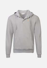 Light grey hooded sweatshirt with front pocket, drawstrings, snap button placket, and small yellow bird logo on chest.
