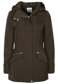 Veste brune avec capuche, taille cintrée et deux poches avant zippées. Fabriquée en tissu lisse avec des accents dorés et une coupe décontractée.